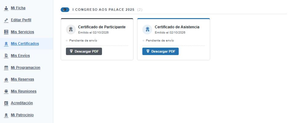 Panel del usuario con sus certificados de un congreso