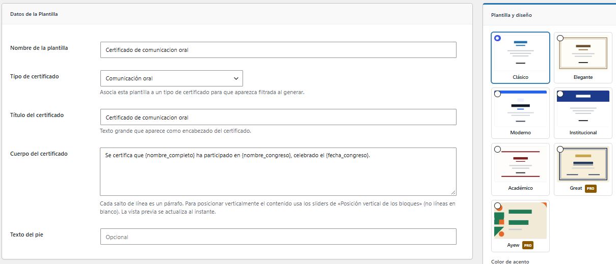 Editor de plantillas de certificados de congresos en AOS Cert