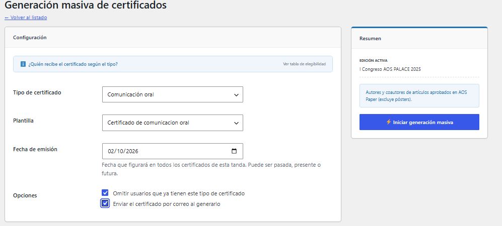 Generación masiva de certificados de congresos en AOS Cert